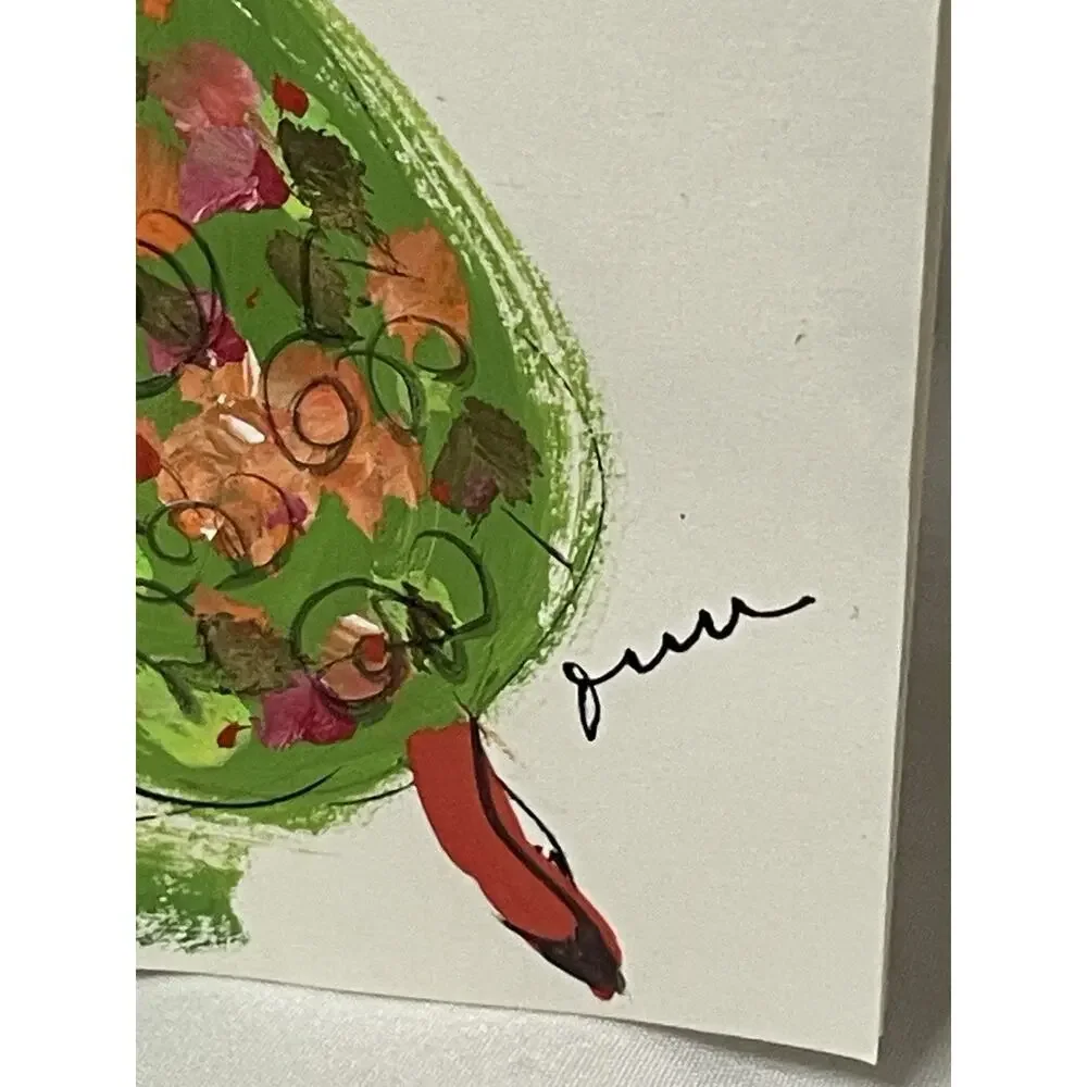 VTG Hand Painted Greeting Card w Envelope Mid Century Woman Floral Dress OOAK